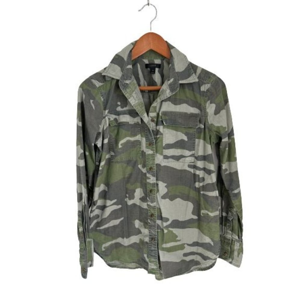 J.CREW Military Camo Shirt Button Down Green Gray Pockets Size 4